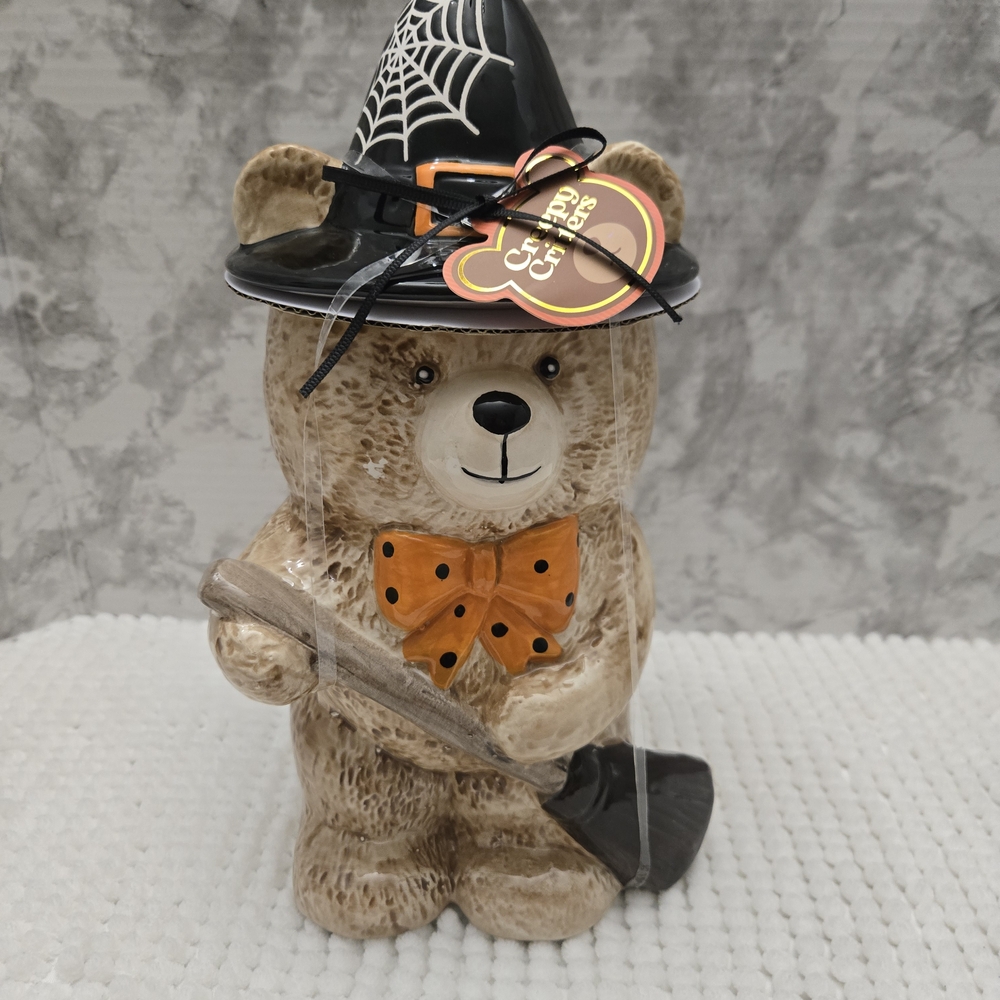 Halloween Creepy Critters Bear Cookie Jar Witch Hat and Broom